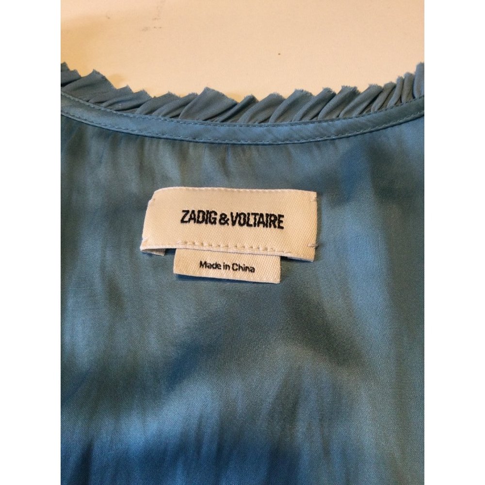 Zadig & Voltaire Women's Taste Tiered Puff Sleeve Satin Top. Large. LIGHT BLUE - Picture 6 of 9